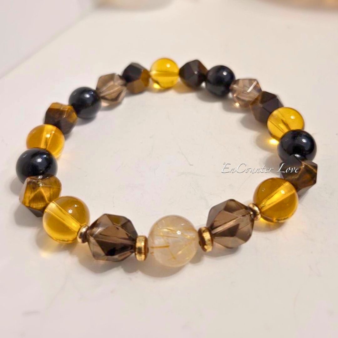 【虎翼|男款】黄虎眼。黑曜石。茶晶。金髮晶。黃水晶