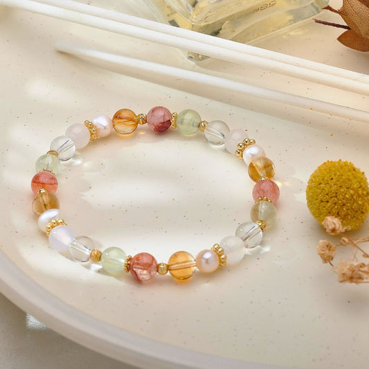 【嫣紅】紅膠花。葡萄石。黃塔晶。白水晶。珍珠