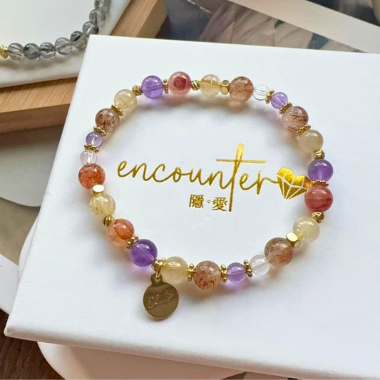 【緋紅】黑金超七。紅膠花。金髮晶。紫水晶。白水晶