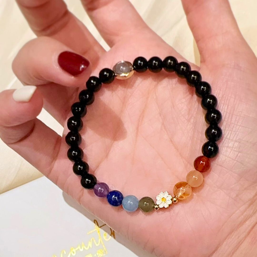🆕【七脈輪|彩虹雛菊】七脈輪 彩色 黑瑪瑙 水晶手鍊(3尺寸可選)