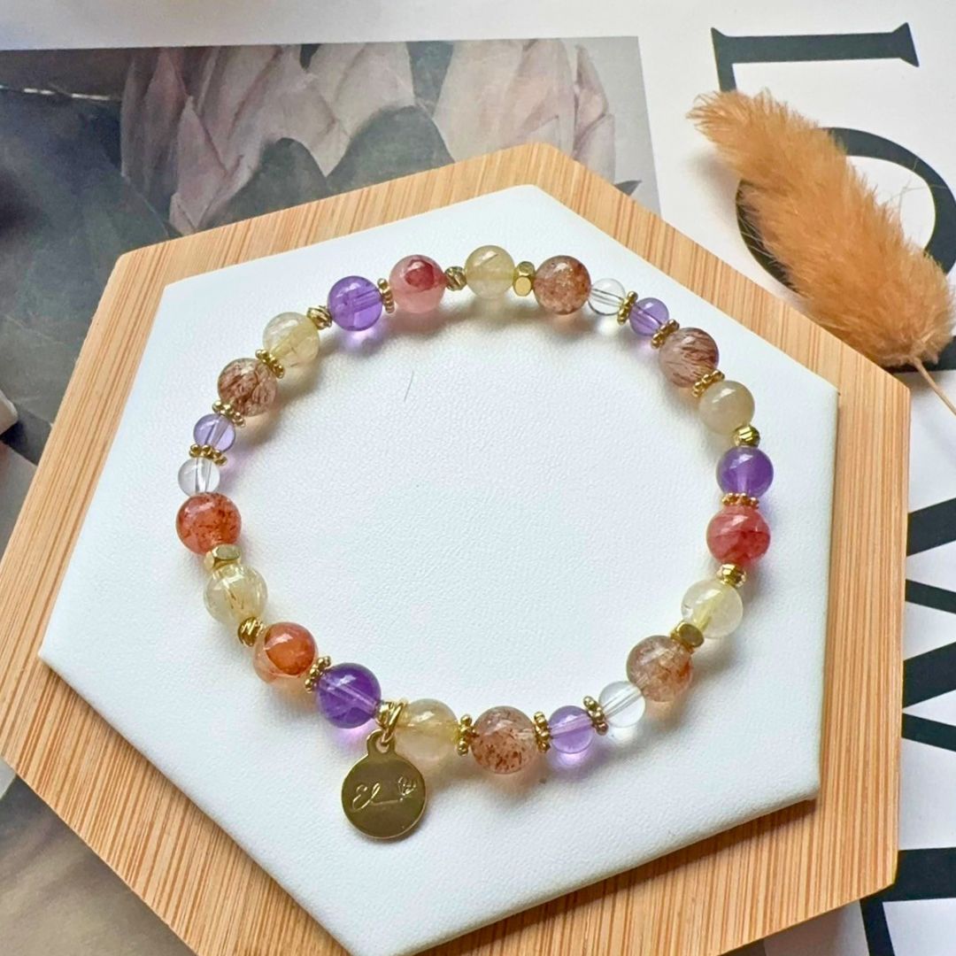 【緋紅】黑金超七。紅膠花。金髮晶。紫水晶。白水晶