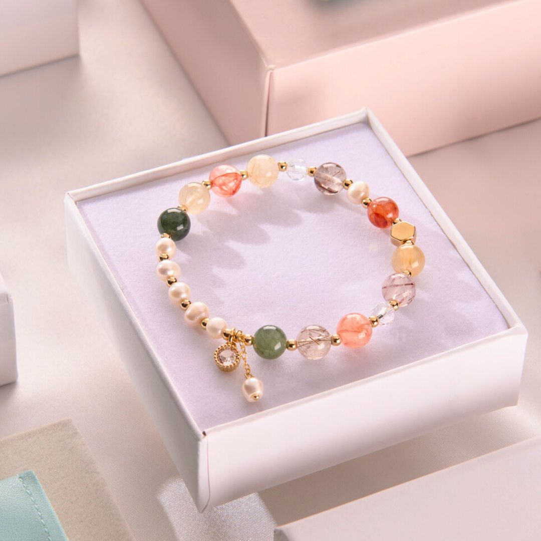 【彩韻】彩髮晶。紅膠花。天然珍珠