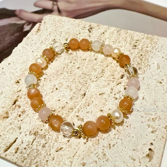 【托斯卡尼橙月光】太陽石。粉晶。白瑪瑙。珍珠