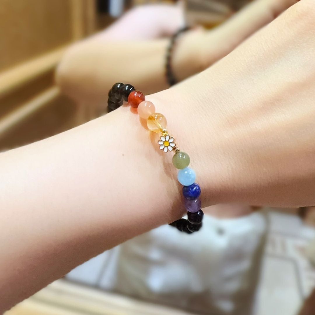 🆕【七脈輪|彩虹雛菊】七脈輪 彩色 黑瑪瑙 水晶手鍊(3尺寸可選)