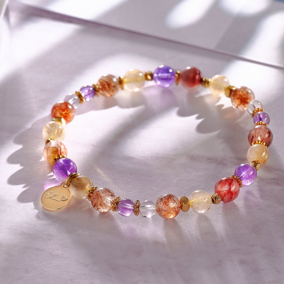 【緋紅】黑金超七。紅膠花。金髮晶。紫水晶。白水晶