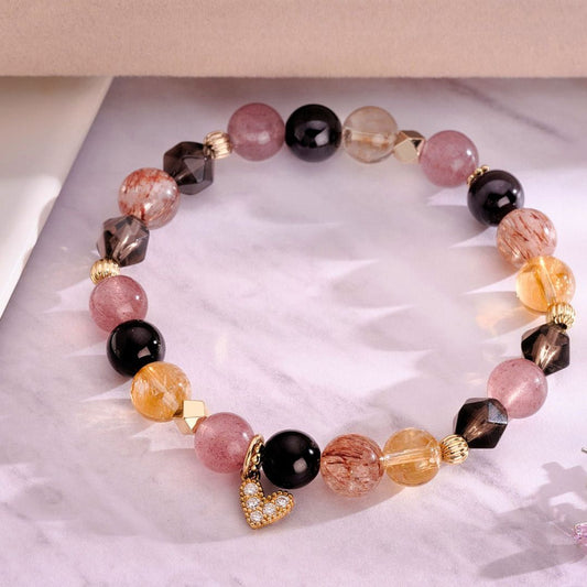 【神隱魔女】黑金超七。草莓晶。紅石榴石。黃塔晶。茶晶切面。愛心掛飾(3尺寸可選)