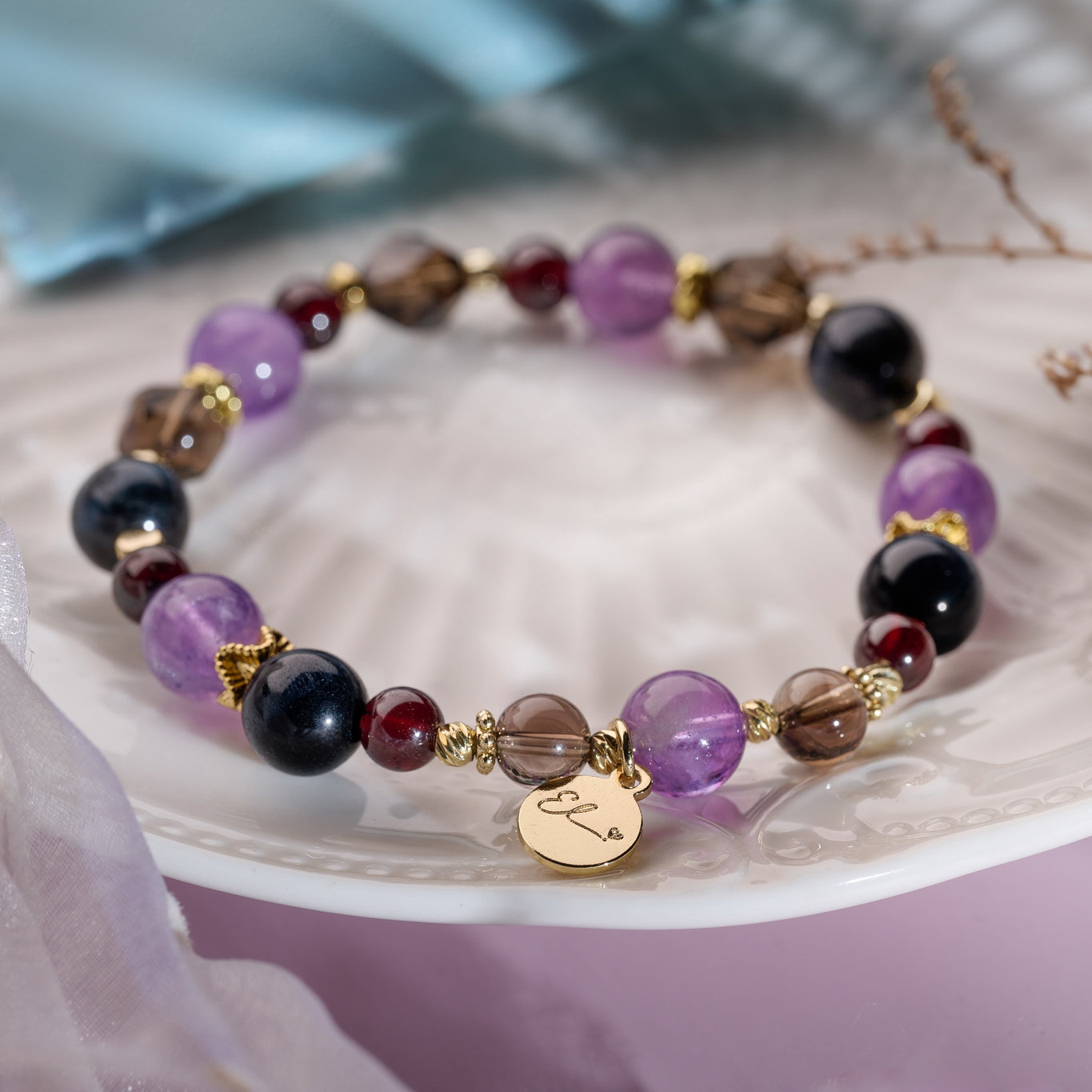 【夜絲絨】墨藍虎眼、紫水晶、茶晶、紅石榴石