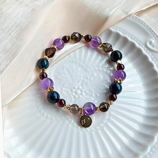 【夜絲絨】墨藍虎眼、紫水晶、茶晶、紅石榴石