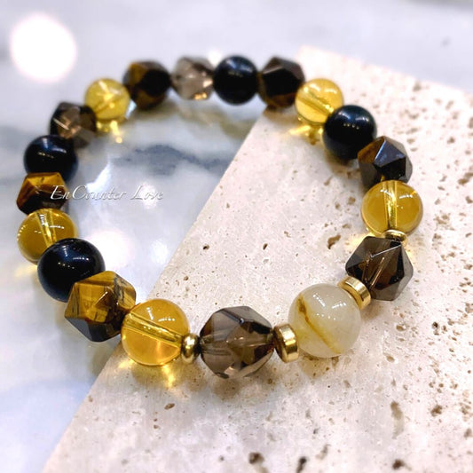 【虎翼|男款】黄虎眼。黑曜石。茶晶。金髮晶。黃水晶